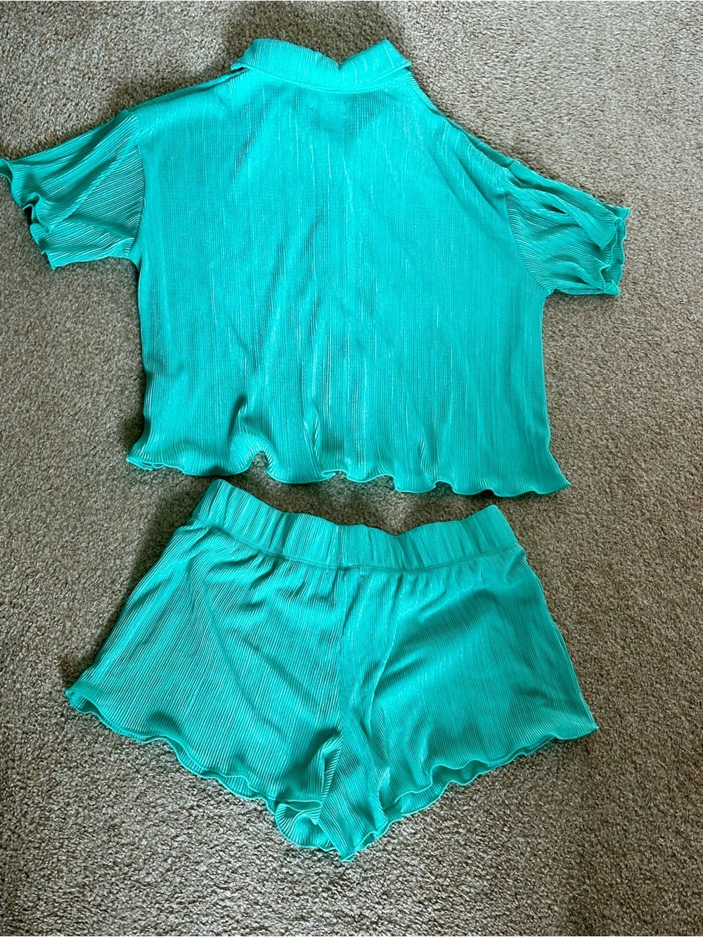Colsie Teal Ribbed Button-Front Short Pajama Set - Picture 2 of 5